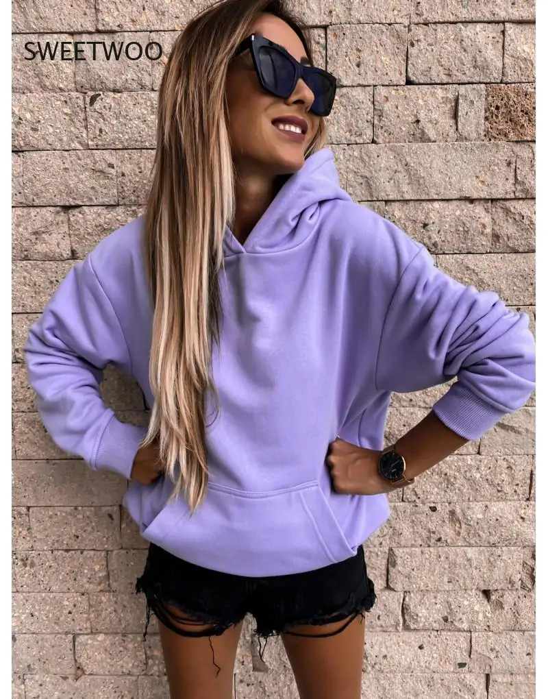 

Oversized Sweatshirt Women Solid Purple Hoodies Top Clothes Hoody Female Autumn Winter Loose Big Pocket Pullover Sweatshirt