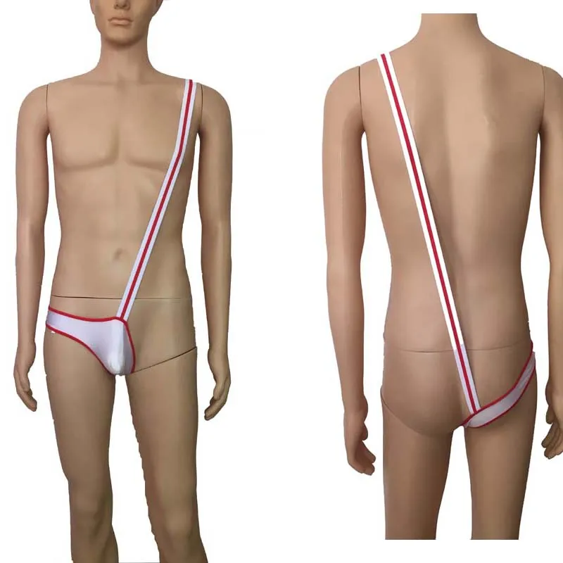 

Sexy Men One Shoulder Suspender Singlet Erotic Lingerie Low Rise Open Butt Mankini Underwear Thong Leotard Servant Costume