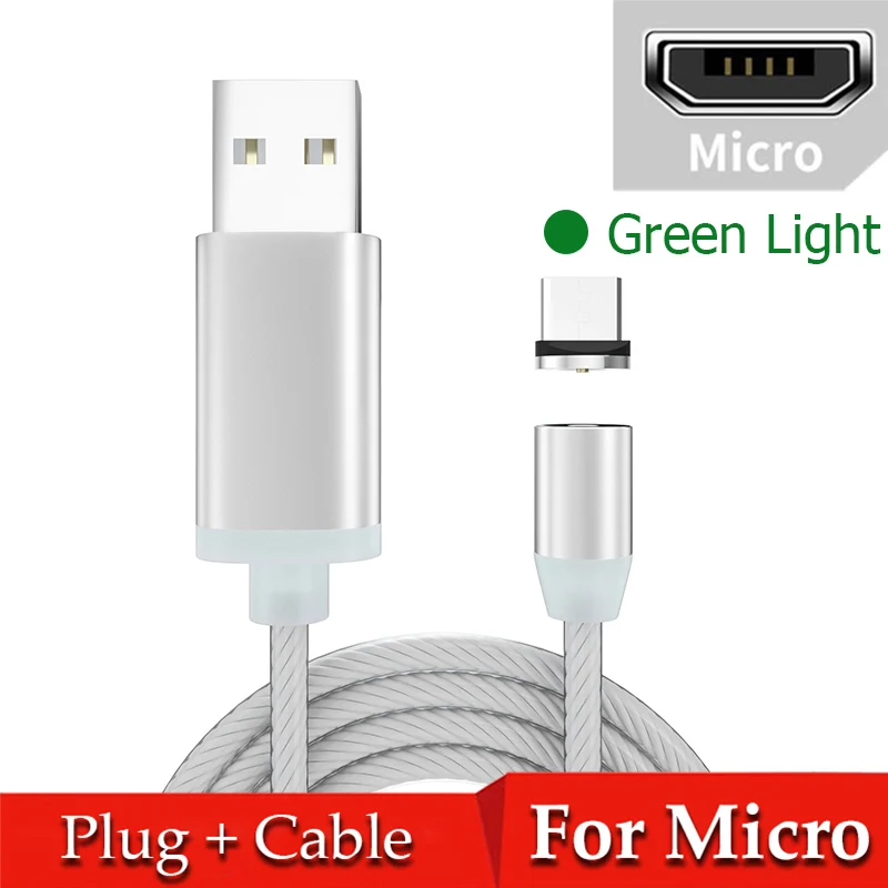Green for Micro Магнитный течёт светодиодный кабель Micro USB для samsung S10 S9 type-c зарядное устройство для huawei магнитное зарядное устройство usb type C кабели - Цвет: Green for Micro