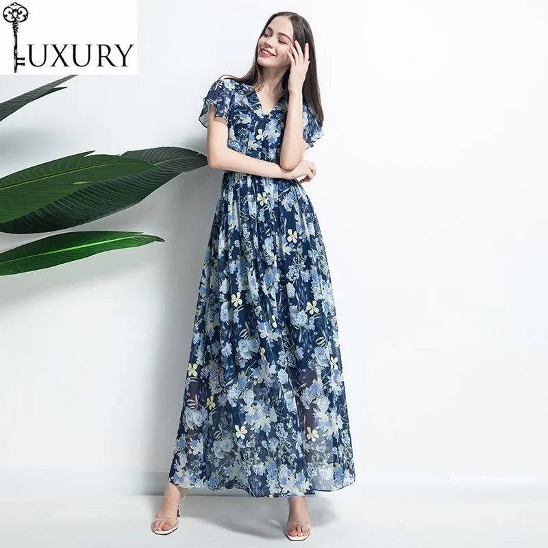 Quality Chiffon Long Top 2020 Summer Women V-Neck Elegant Flower Print Tunic Button Deco Short Sleeve Vintage Maxi Dress