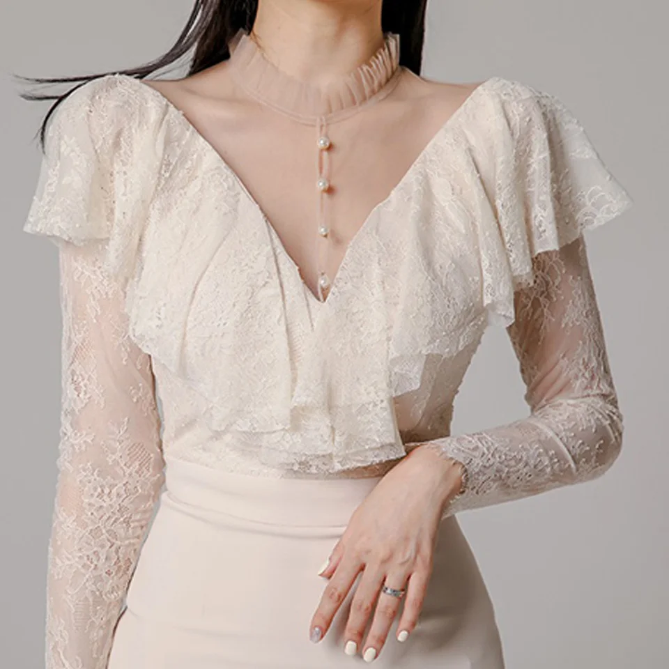 

Elegant Party Dress 2021 Spring Plain Sexy V-Neck Decorative Lotus Leaf Lace Wrist Sleeves High Waist Tight Office Lady Dress