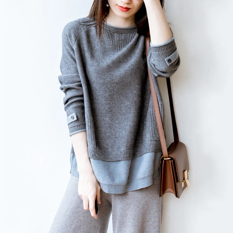 Двойной кашемировый свитер Женский пуловер с круглым вырезом новый корейский