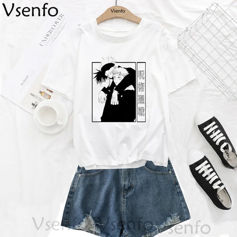 

Jujutsu Kaisen Anime Tshirt Gojou Satoru T Shirt Women Men 2021 Ladie White Tshirts Plus Size Summer Short Sleeve Women Clothing