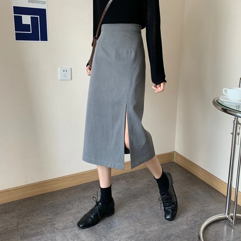 

Long skirts for women 2021 spring Korean version Irregular tailoring high waist skirt a-line skirt mid-length split hip skirt