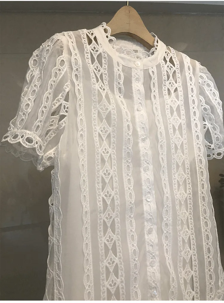 

Sweet White Black Hollow Out Lace Trims Cotton Dress 2021 Summer Women Button Sexy Mini Elegant A-Line Dresses N9636