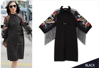 2022 new woman black casual shirt dress 34 mesh sleeves eagle embroidery fringe ladies midi straight party dress robe