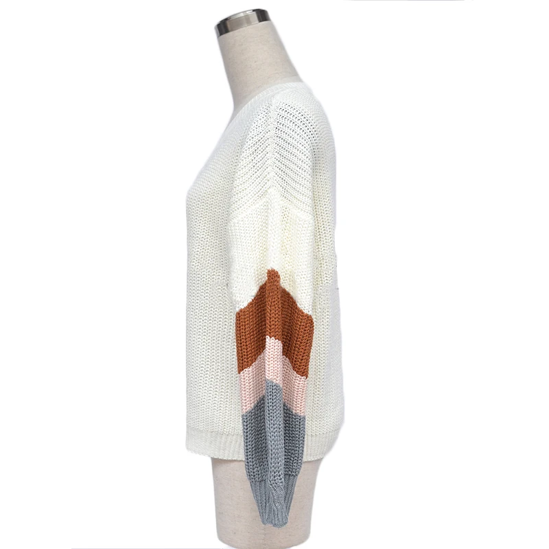 

Winter Women's Loose V-neck Jumper Knittedwear Casual Lantern Striped Sleeve Knitted Pullover Sweater Fall Cable Pullover Top