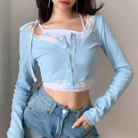 autumn women sexy long sleeve t shirts fashion lace ribbed knitting hollow crop tops slim elastic cardigan tanks clothes 2022