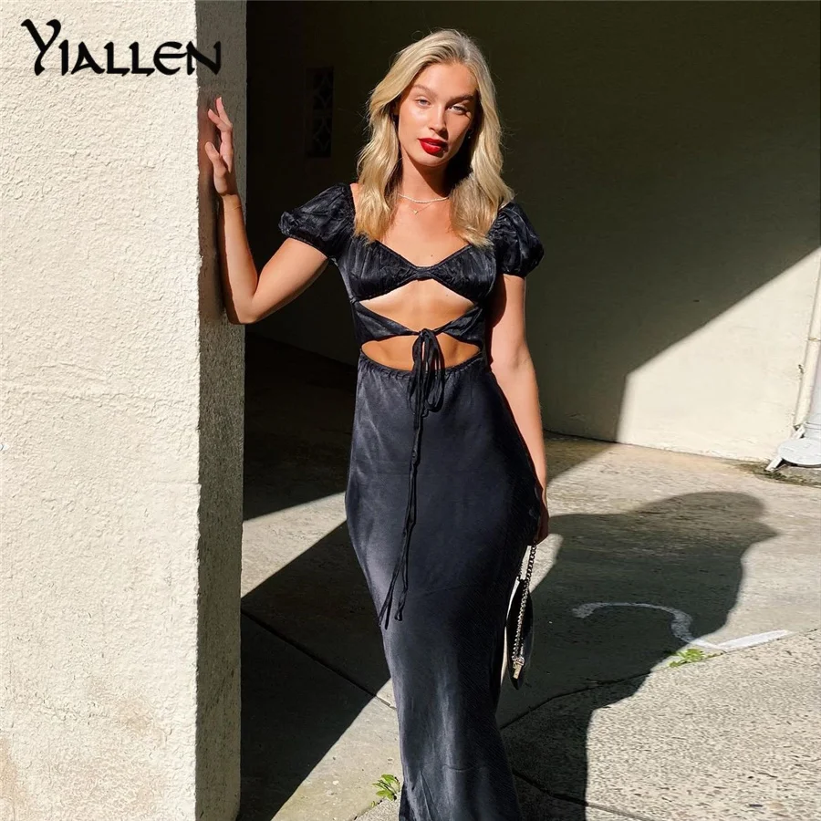 

Yiallen Fashion Elegant Office Lady Solid Long Dress Summer Short Sleeve Hollow Out Bandage Sexy Party Vacation Dresses Mujer