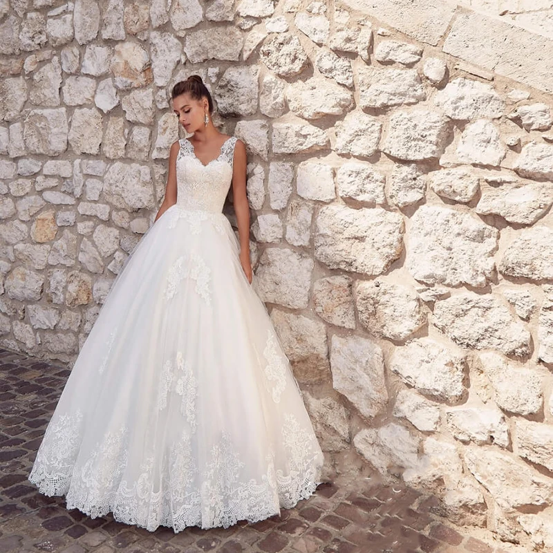 

Женское свадебное платье с кружевной аппликацией, белое или цвета слоновой кости, ТРАПЕЦИЕВИДНОЕ платье принцессы, платье невесты в стиле б...