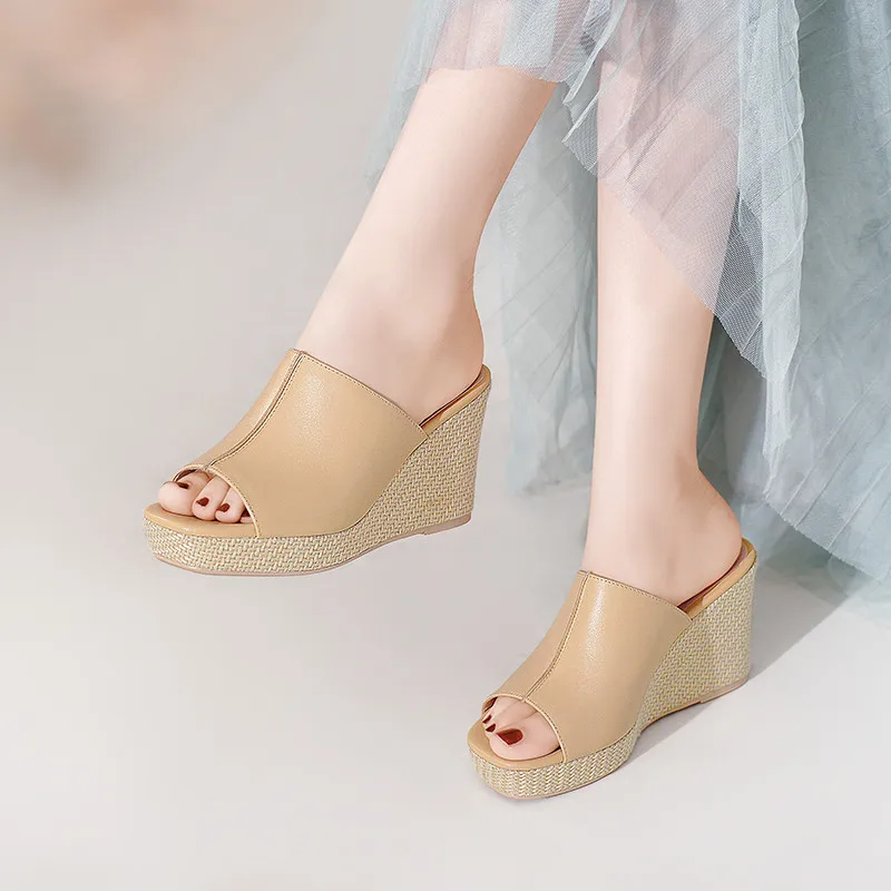 

MoonMeek 2021 Summer Genuien Leather Slippers Women Fashion Wedges Platform Party Shoes Simpler High Heels Ladies Shoes