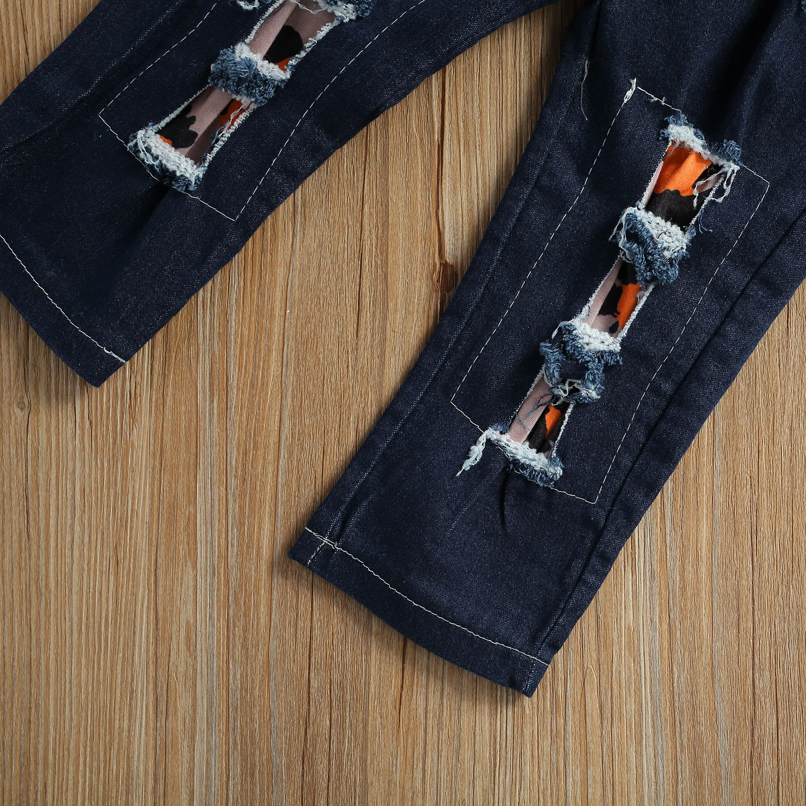 

2-7Years Toddler Baby Girl 2Pcs Summer Clothing Set Long Sleeve Leopard Printed Top Hole Long Demin Pant 2021 New Valentine's