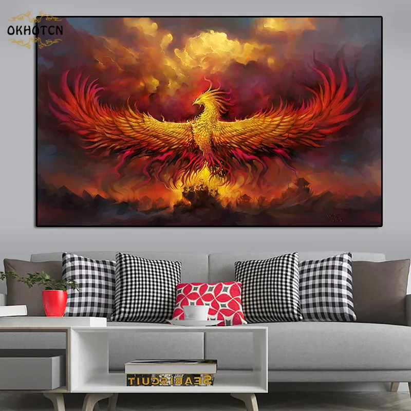 Абстрактная Картина на холсте с изображением восточных фениксов Настенная