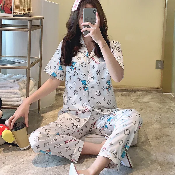 

summer ice silk pajamas women mouse silk sexy thin section lapel cardigan short sleeve trousers home service suit