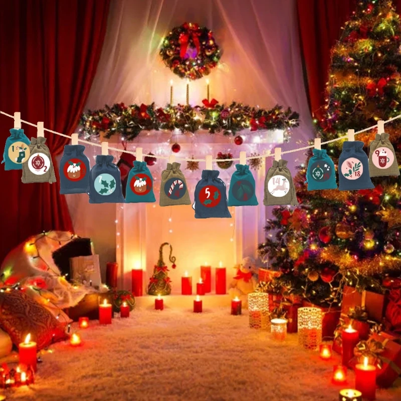 

M17D Christmas Advent Calendar 24 Days Burlap Candy Gift Drawstring Bags Sacks DIY Xmas Countdown Decorations for Wall Home