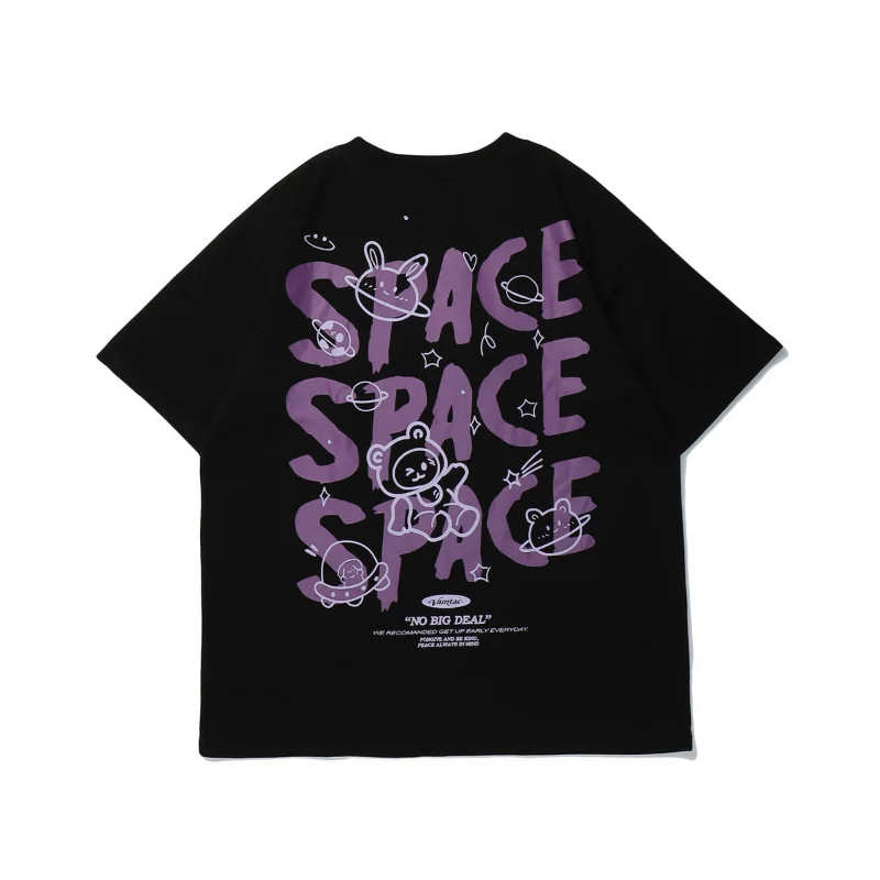 

Cotton bear graffiti short sleeved space print T-shirt loose 2021new summer trend half sleeved retro Harajuku style couple shirt