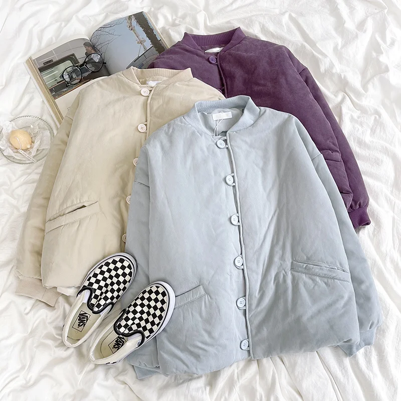 

Solid Chinese Style Button Up Bomber Puffer Coat Blue / Purple / Beige