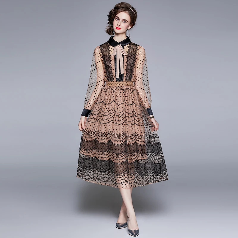

JSXDHK Elegant Women Embroidery Midi Dress Runway Summer Peter Pan Collar Bow Mesh Wave Point Splicing Lace Elastic Waist Dress