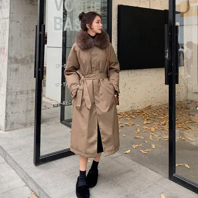 

Winter New Down Cotton Jacket Women's Solid Zipper Pocket Wool Collar Mid Length Over The Knee Korean Loose Parka Lady Coat