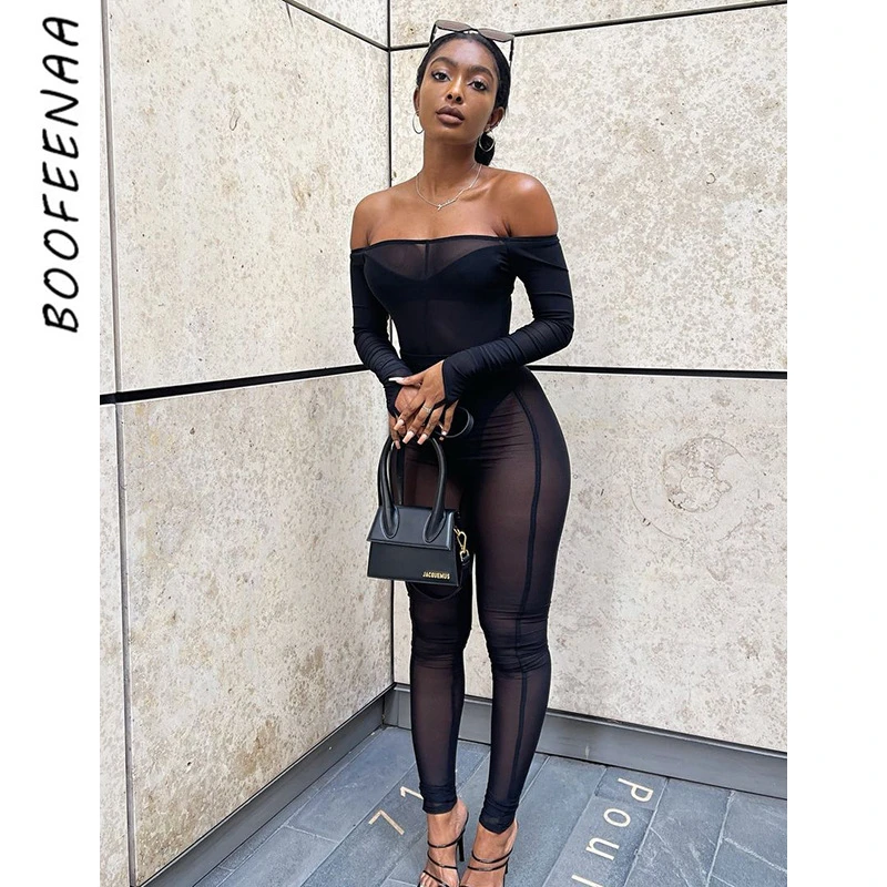 

BOOFEENAA Sexy Black Mesh Jumpsuit Clubwear Rave See Through Off Shoulder Long Sleeve Bodycon One Piece Outfit Women C85-BG16