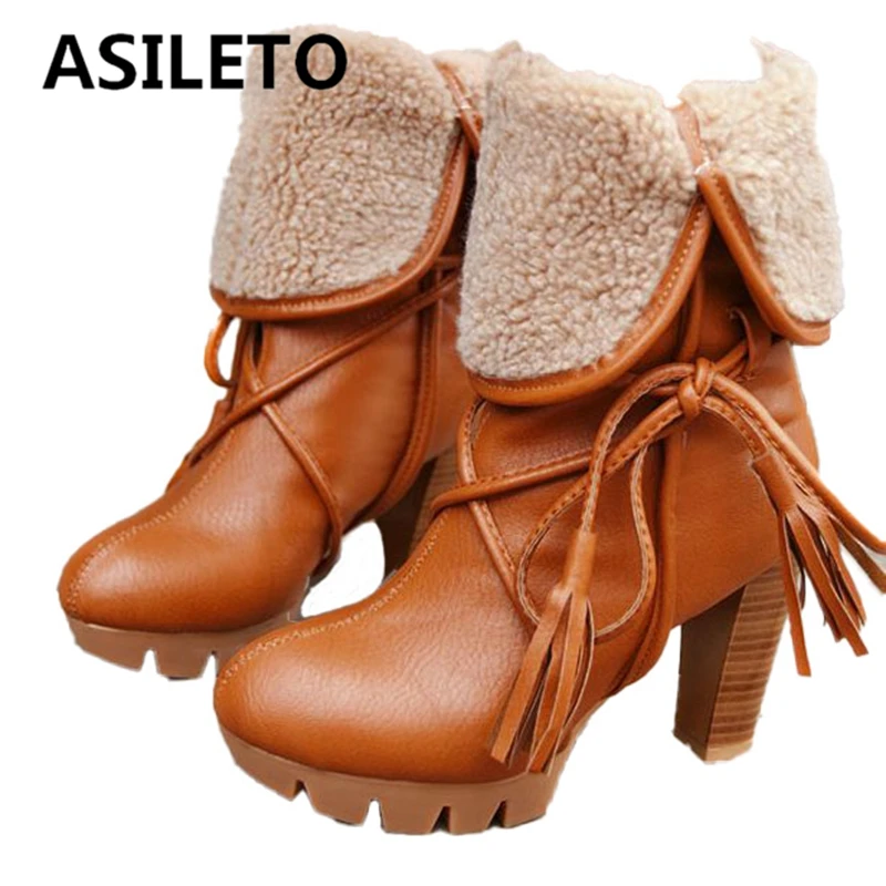 

ASILETO Sapato femenino Outdoor Ladies Winte Platform Boots Round Toe Chunky Heel Slip-on Tassel Foldble Size 34-43 Mature S2673