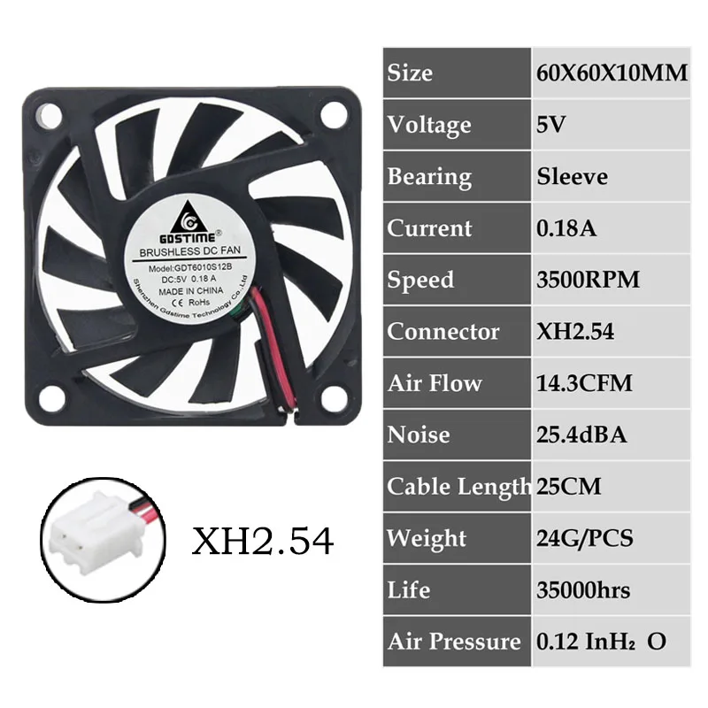 0.18A6010S5V2P2.54 2 шт. Gdstime 2Pin DC 5 в 12 В 24 в 24 вольт 6 см 60x60x10 мм 60 мм двойной шариковый подшипник Бесщеточный вентилятор охлаждения 60 мм x 10 мм кулер - Цвет лезвия: 0.18A6010S5V2P2.54