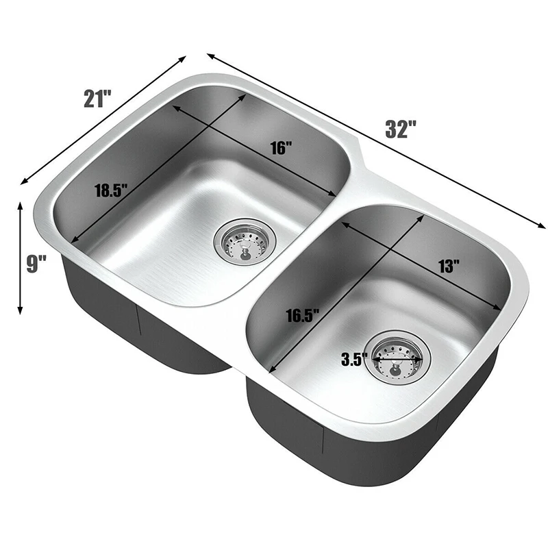 

32" Stainless Steel Double Bowl Kitchen Sink Excellent Sound Isolation Design Sink Anti-condensation Coating