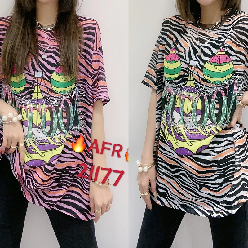 

Women Striped Pink Loose StainDiamonds Tops Tshirts Elegant Plus Size 2021 Summer Lady Fashion Casual Teeshirts Tees Female 4XL