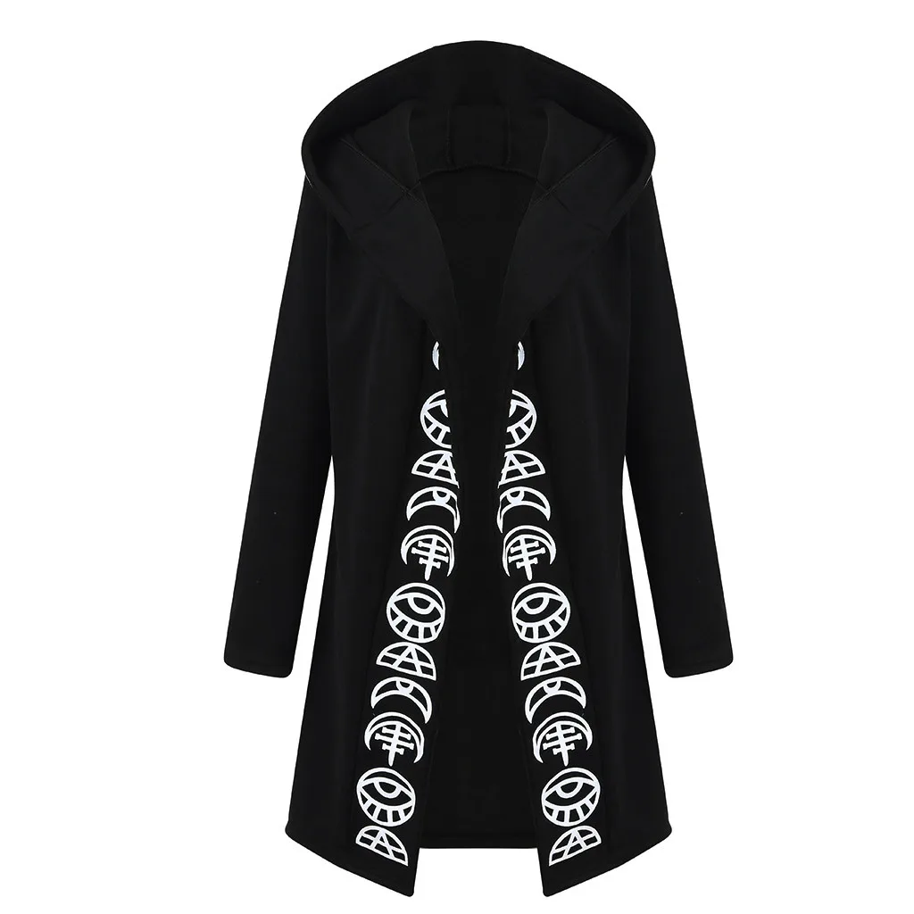 Female Jacket Hot print cardigan Black Long Sleeve Punk Moon Print Hooded Cardigan Coat Plus Size for Women cosplay 9.3 | Женская одежда