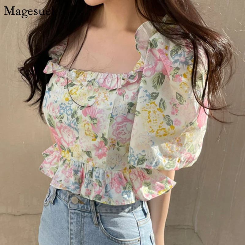 

Korean Summer Puff Sleeve Printed Women's Shirt Vinatge Square Collar Blouses Blusas Mujer De Moda 2021 Ruffles Loose Tops 14666