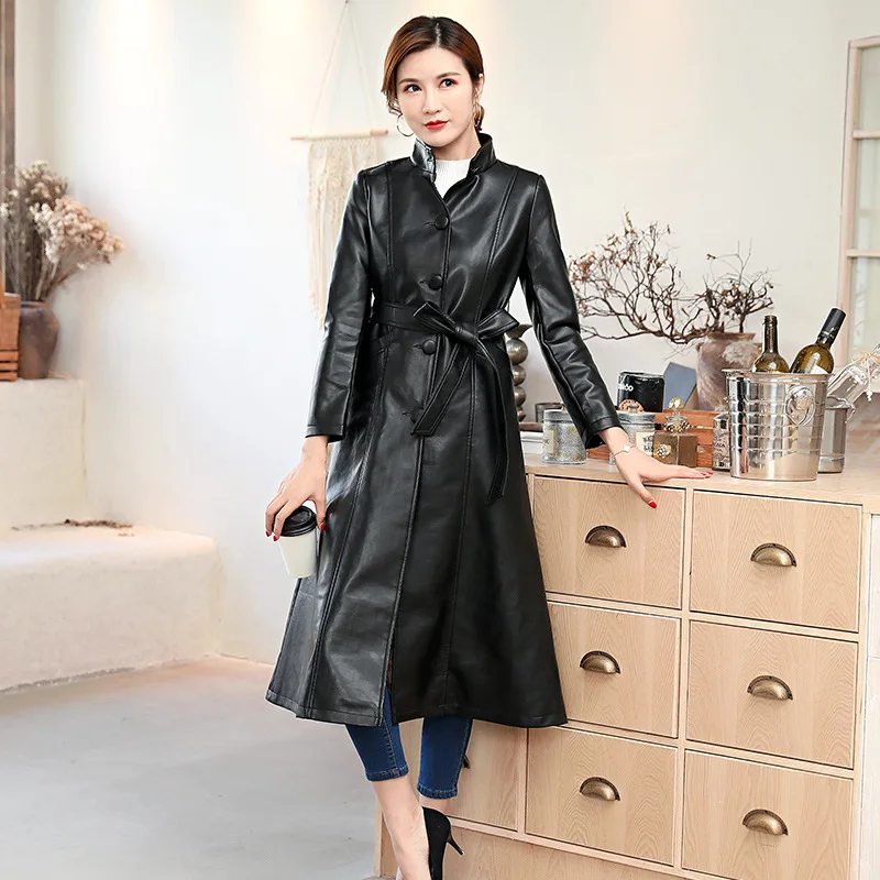 

Осенняя футболка с длинными кожаные пальто для женщин ремень Длинные рукава с юбочкой искусственная кожа пальто для женщин размера плюс, мо...