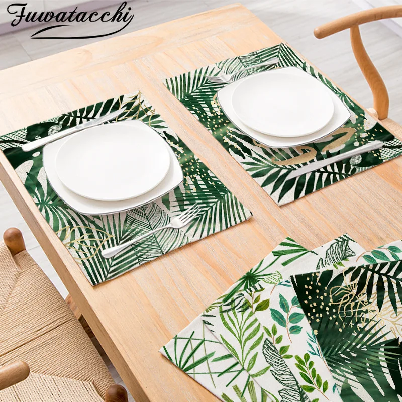 

Green Leaf Print Placemats for Dining Table Mats Leaves Photo Cup Coaster Home Restaurant Decor Tableware Napkin