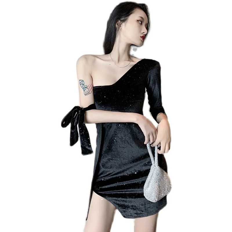 

New Women Dress for Party Sexy Chest Shoulder Velvet Irregularly Black Dress Bodycon Dress Bandage Vestidos Dresses Women