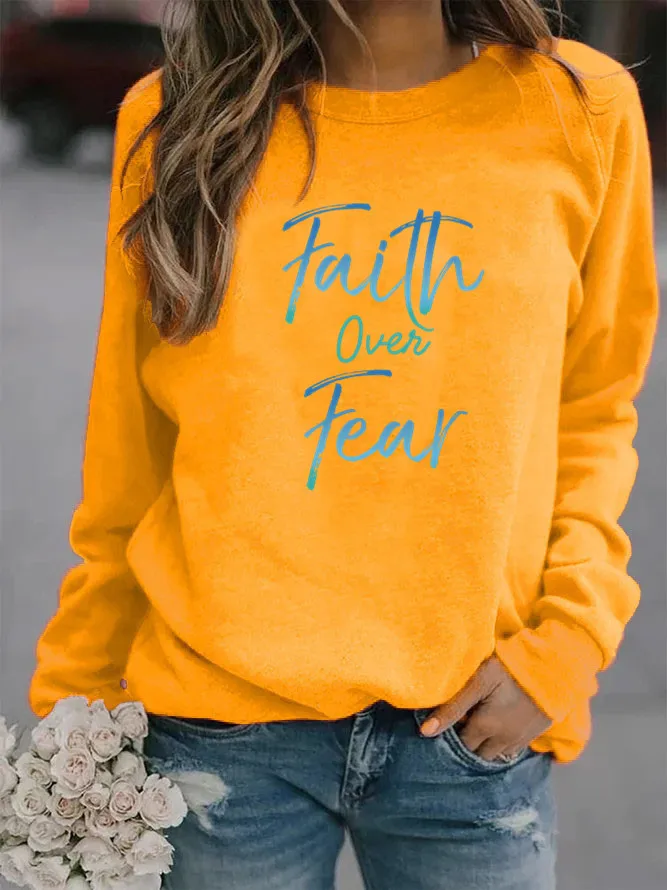 Women Hoodie Faith Over Fear Letter Printed Hoodies Women Fleece Long Sleeve O Neck Loose Sweatshirt Girls Pullovers Winter