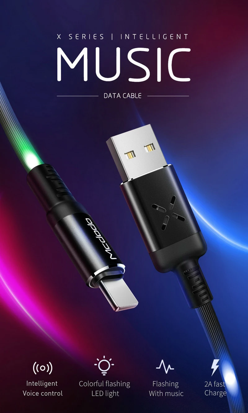 Цветной СВЕТОДИОДНЫЙ usb-кабель MCDODO, кабель для быстрой зарядки, зарядное устройство для мобильного телефона, usb-кабель для iPhone, Apple X, XS, MAX, XR, 8, 7, 6, 6s plus