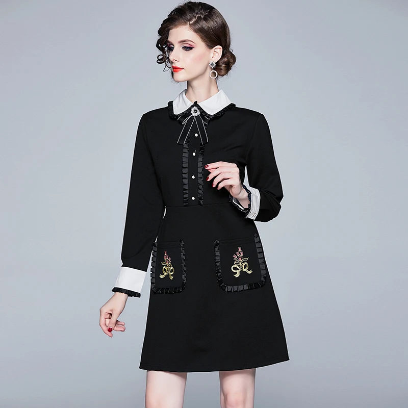 

Runway Spring Fall Hepburn Brand Women's Bow Tiered Patchwork Flower Print Elegant Party Ruffle Black Mini Dress Vestido