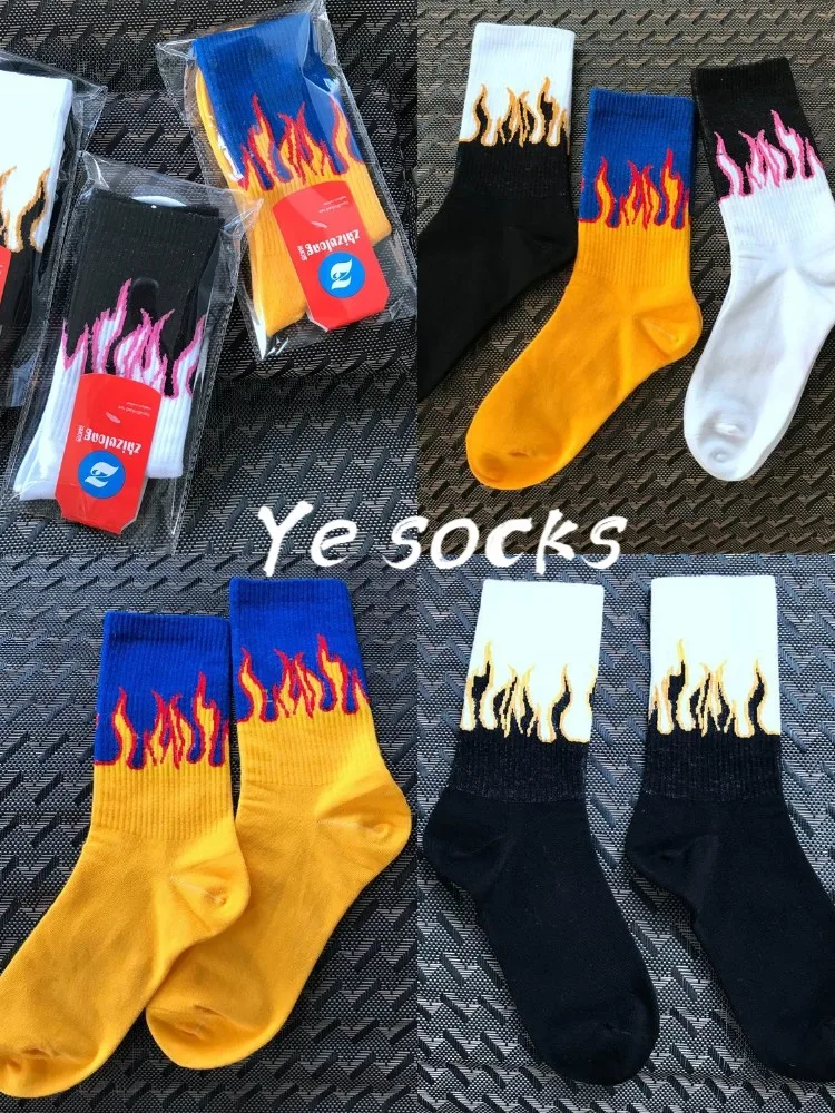 

New Burning flame socks men and women cotton European and American street hip hop Harajuku couple skateboard white Novelty socks