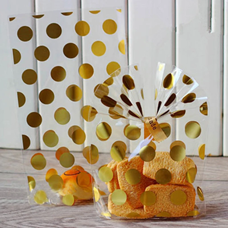 100 шт. прозрачные пластиковые подарочные пакеты в горошек для упаковки
