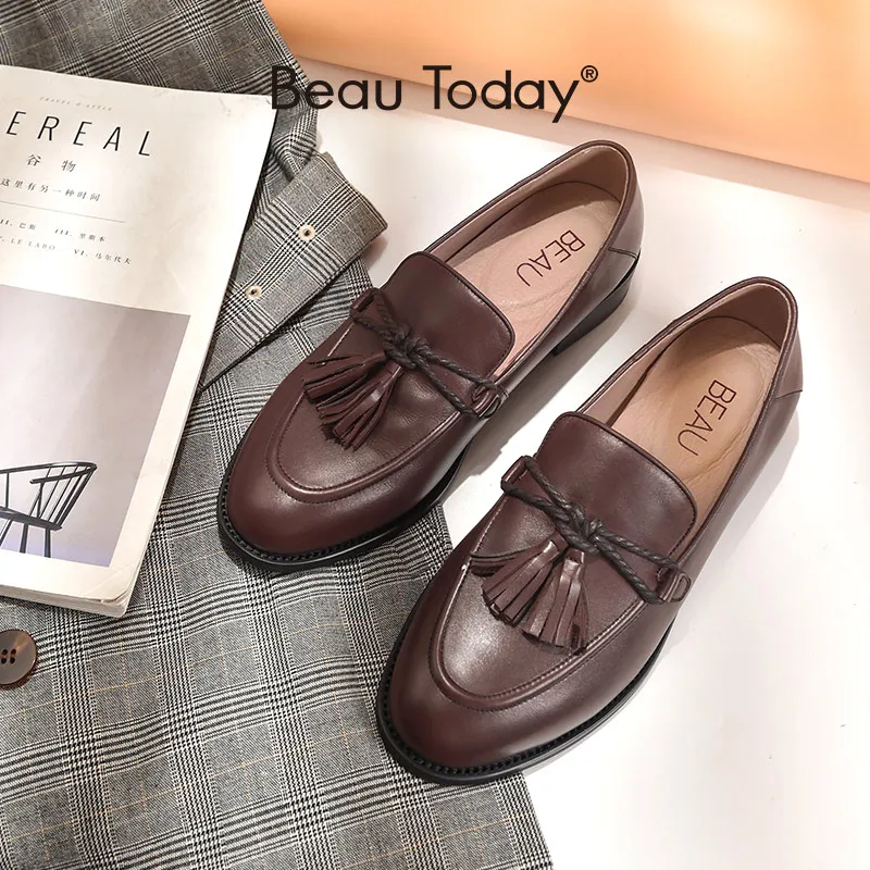 

BeauToday Women's Tassel Loafers Calfskin Genuine Leather Flats Retro Round Toe Shoes Ladies Casual Slip-On Footwears 27275