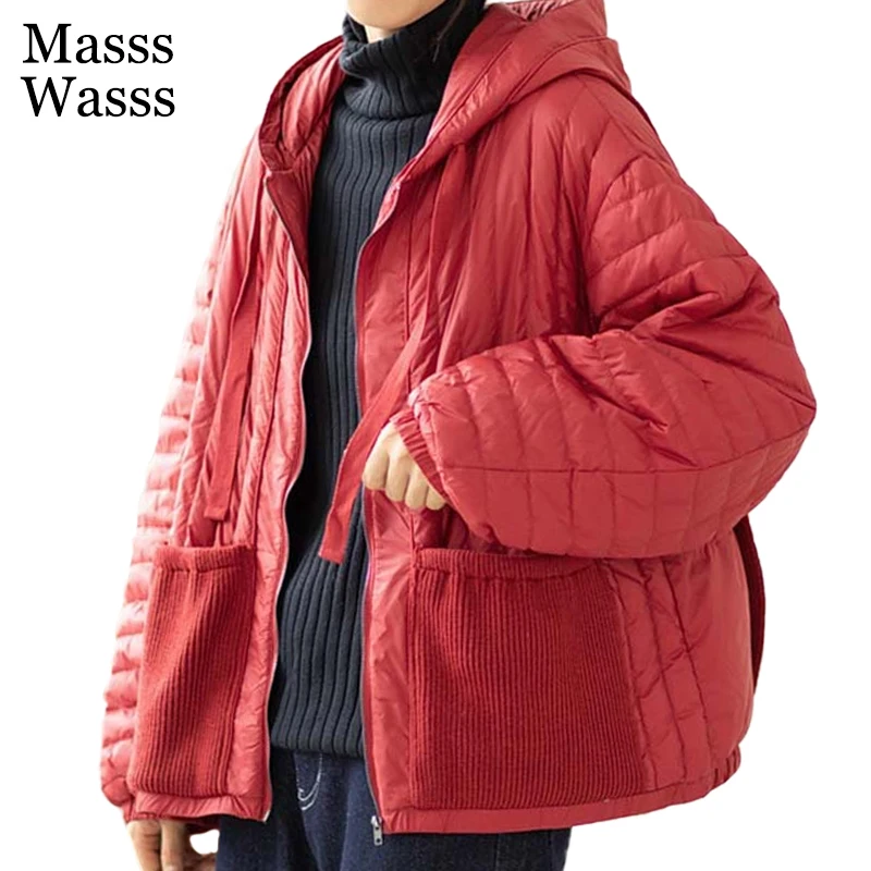 

Модная женская однотонная куртка Masss Wasss с капюшоном на утином пуху 2021 зимнее теплое Свободное пальто повседневные парки с подкладкой винта...