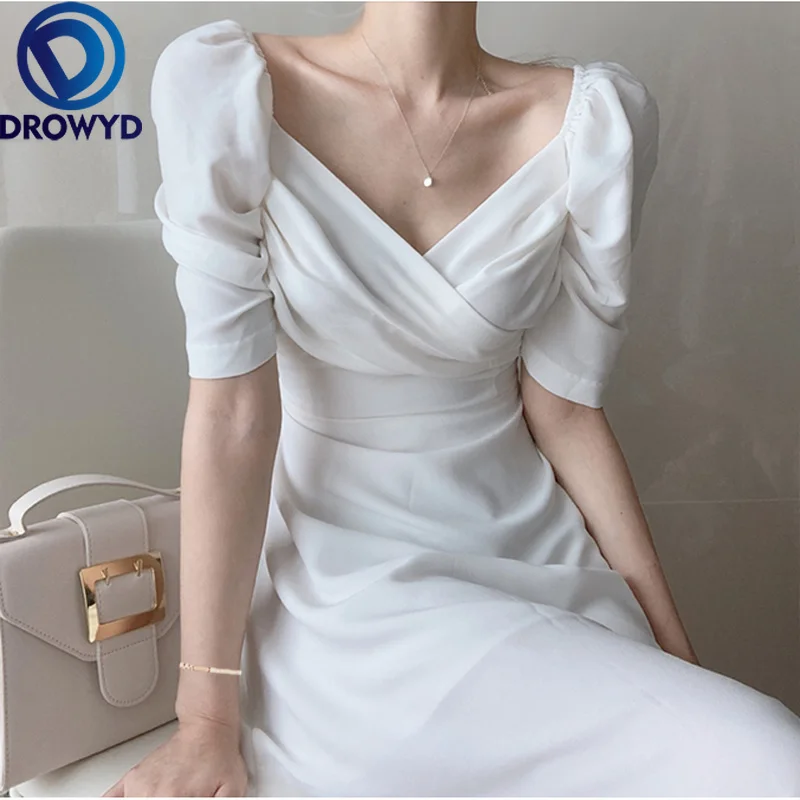 

White Chiffon Midi Dress Women 2020 Summer Fashion Short-sleeve Bag Hip Boho Casual Beautiful Nightclub Party Sundress Vestidos
