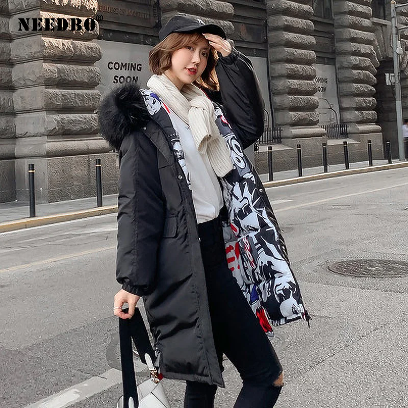 Женская зимняя куртка с меховым капюшоном длинная парка двустороннее Свободное