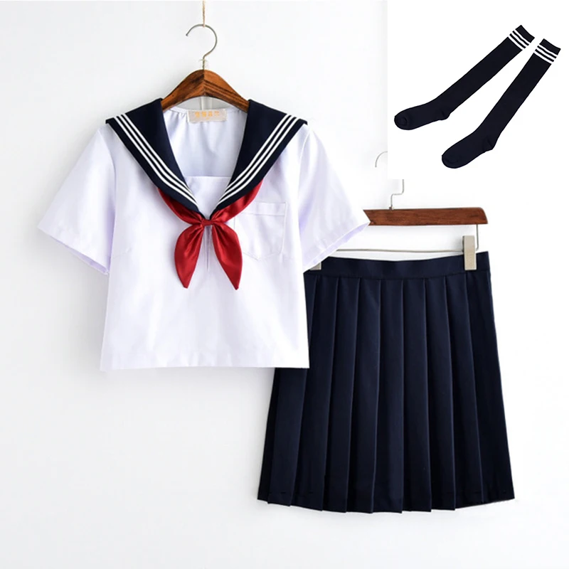Short Set With Socks UPHYD японская школьная форма Аниме COS костюм моряка Белый Топы+ галстук юбка JK темно стиль студентов Одежда для девочек - Цвет: Short Set With Socks