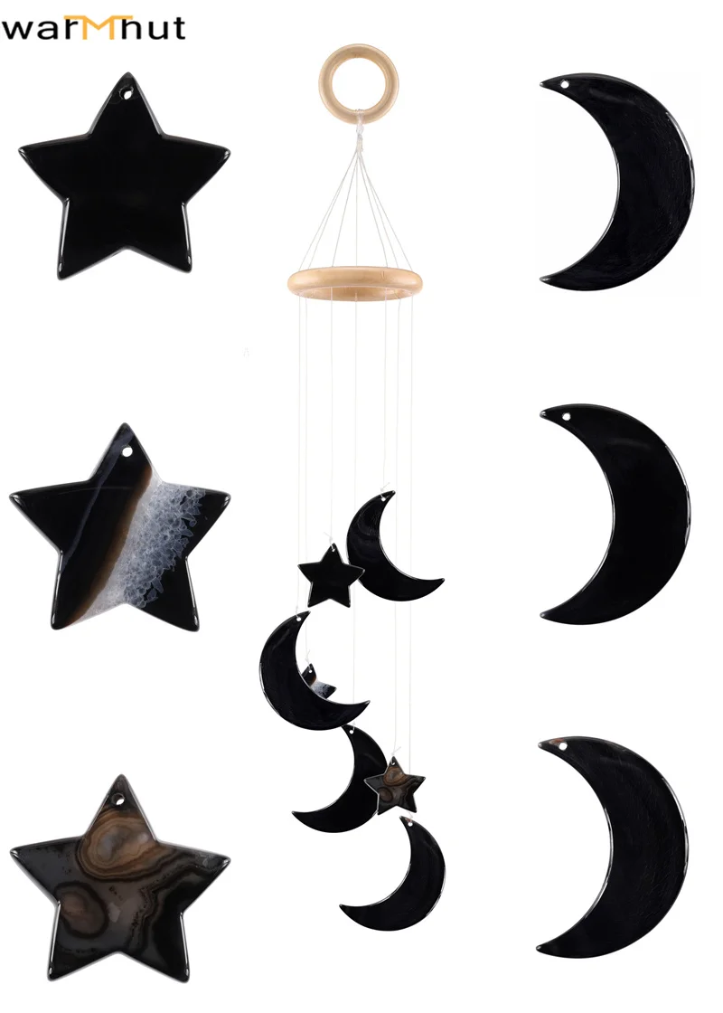 WarmHut Blue Black Raw Color Agate Slices Wind Chime Moon And Star Windchimes Wall Hanging Ornament for Garden Home Outdoor Deco | Дом и сад