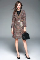 urumbassa womens tweed spring runways v neck wool coat fashion slim belted plaid woolen overcoat