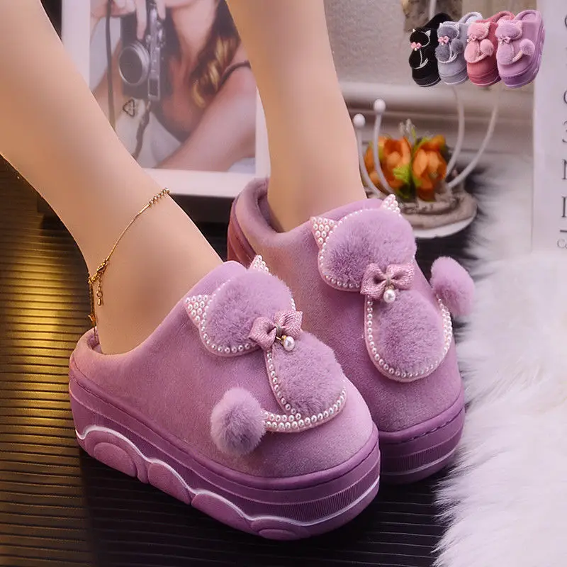 

Ladies platform rhinestone slippers indoor fuzzy womens shoes winter 2021 new arrival girls lovely designer slippers