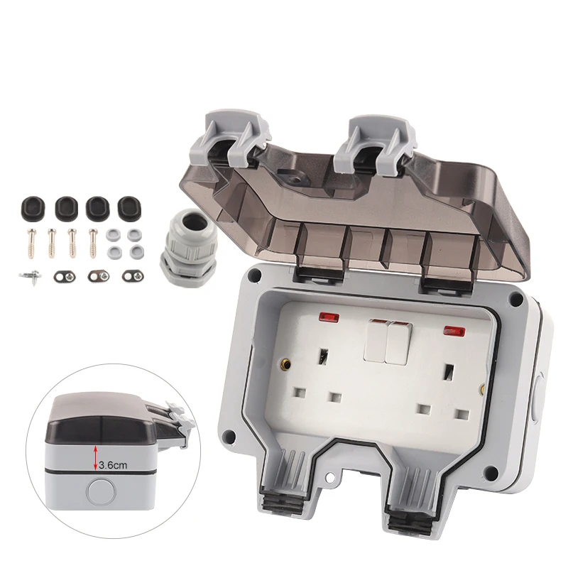 

IP66 13A Weatherproof Waterproof Outdoor Box Wall Socket Double Universal UK Standard Switched Outlet With Light Large Plug