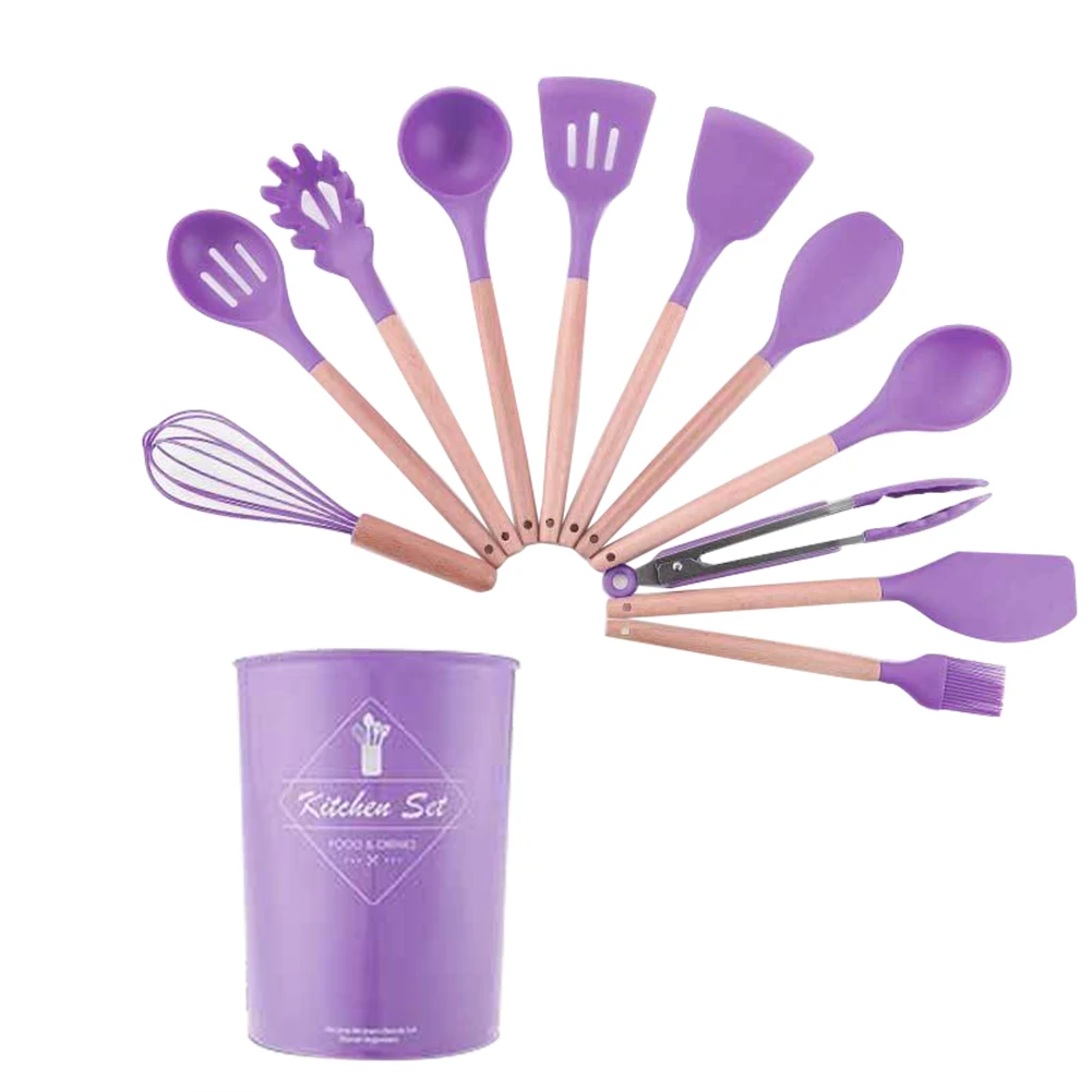 

11Pcs Kitchen Utensil Set Heat Resistant Kitchen Utensil Set with Hard Wooden Handle Non-Stick Easy to Clean Soup Spoon