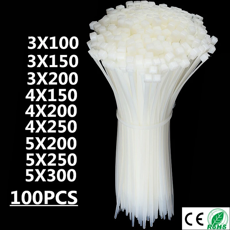 Self-Locking Plastic Nylon Wire Cable Zip Ties 100pcs White Fasten Loop Various specifications 3*100/200 4*200/ | Обустройство дома
