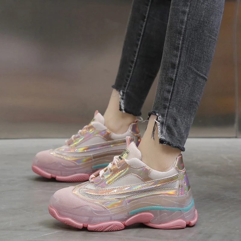 

Women Fashion Thick Sole Casual Shoes Shine Material Outdoor Sport Breathable Female Sneaker New Ladies Training Tennis Footwear
